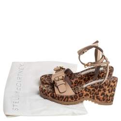 Pre Owned Stella McCartney Beige Faux Patent Leather Linda Leopard Print Cork Wedge Sandals Size 36