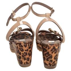 Pre Owned Stella McCartney Beige Faux Patent Leather Linda Leopard Print Cork Wedge Sandals Size 36