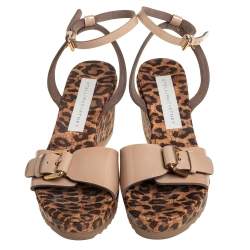 Pre Owned Stella McCartney Beige Faux Patent Leather Linda Leopard Print Cork Wedge Sandals Size 36