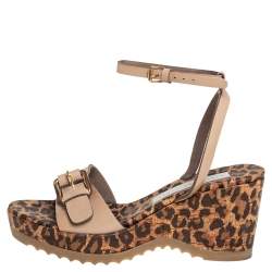 Pre Owned Stella McCartney Beige Faux Patent Leather Linda Leopard Print Cork Wedge Sandals Size 36