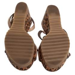 Pre Owned Stella McCartney Beige Faux Patent Leather Linda Leopard Print Cork Wedge Sandals Size 36
