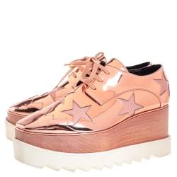 Pre Owned Stella McCartney Metallic Rose Gold Faux Patent Leather Elyse Star Platform Lace Up Sneakers Size 38