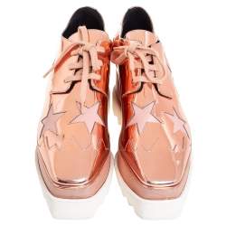 Pre Owned Stella McCartney Metallic Rose Gold Faux Patent Leather Elyse Star Platform Lace Up Sneakers Size 38
