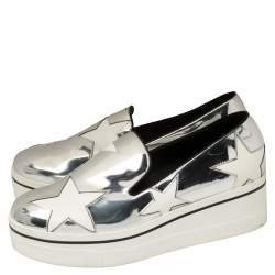Pre Owned Stella McCartney Metallic Silver Faux Leather Binx Star Platform Slip On Sneakers Size 39