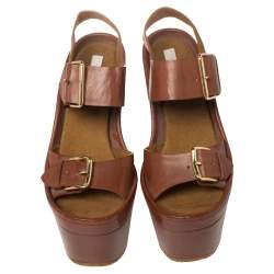 Pre Owned Stella McCartney Brown Faux Leather Buckle Block Heel Platform Sandals Size 40