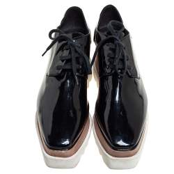 Pre Owned Stella McCartney Black Faux Patent Leather Elyse Platform Lace Up Derby Size 38.5