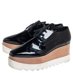 Pre Owned Stella McCartney Black Faux Patent Leather Elyse Platform Lace Up Derby Size 38.5