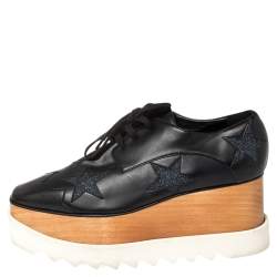 Stella McCartney Black Faux Leather Elyse Star Platform Lace Up Derby Size 38.5