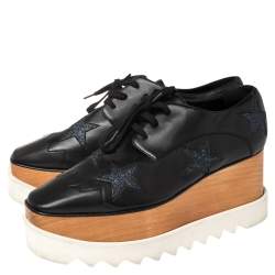 Stella McCartney Black Faux Leather Elyse Star Platform Lace Up Derby Size 38.5
