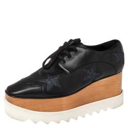 Stella McCartney Black Faux Leather Elyse Star Platform Lace Up Derby Size 38.5