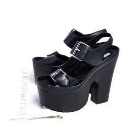 Pre Owned Stella McCartney Black Faux Leather Buckle Block Heel Platform Sandals Size 40