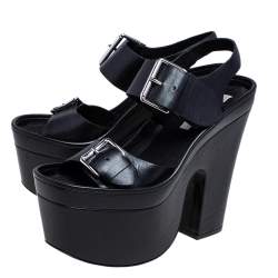 Pre Owned Stella McCartney Black Faux Leather Buckle Block Heel Platform Sandals Size 40