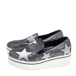 Pre Owned Stella McCartney Metallic Grey Faux Suede And Satin Binx Star Platform Slip On Sneakers Size 38