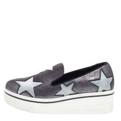 Pre Owned Stella McCartney Metallic Grey Faux Suede And Satin Binx Star Platform Slip On Sneakers Size 38