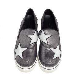 Pre Owned Stella McCartney Metallic Grey Faux Suede And Satin Binx Star Platform Slip On Sneakers Size 38