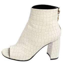 Pre Owned Stella McCartney White Croc Embossed Faux Leather Peep Toe Ankle Boots Size 37.5