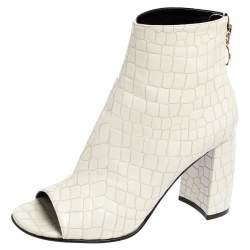 Pre Owned Stella McCartney White Croc Embossed Faux Leather Peep Toe Ankle Boots Size 37.5