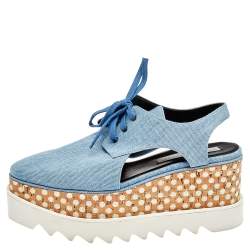 مملوكة مسبقًا حذاء ديربي ستيلا مكارتني إيليز دنيم أزرق مفرغ بنعل سميك ورباط مقاس 37.5