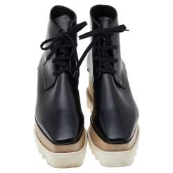 Stella McCartney Black Faux Leather Platform Lace Up Ankle Boots Size 38