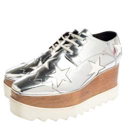 Pre Owned Stella McCartney Silver Faux Patent and Leather Elyse Star Platform Lace Up Sneakers Size 37