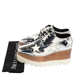 Pre Owned Stella McCartney Silver Faux Patent and Leather Elyse Star Platform Lace Up Sneakers Size 37
