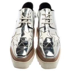 Pre Owned Stella McCartney Silver Faux Patent and Leather Elyse Star Platform Lace Up Sneakers Size 37