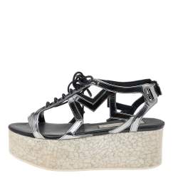 Pre Owned Stella McCartney Metallic Grey Faux Leather Hackney Platform Sandals Size 36