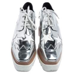 Pre Owned Stella McCartney Silver Faux Patent and Faux Leather Elyse Star Platform Sneakers Size 38.5