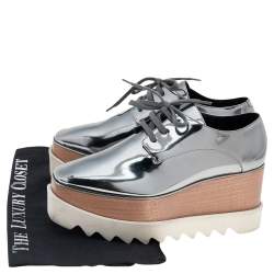 Pre Owned Stella McCartney Metallic Grey Faux Patent Leather Elyse Platform Sneakers Size 36