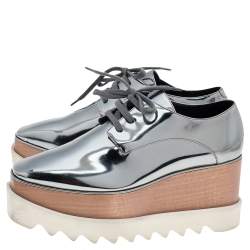 Pre Owned Stella McCartney Metallic Grey Faux Patent Leather Elyse Platform Sneakers Size 36