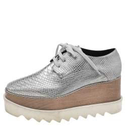 Pre Owned Stella McCartney Metallic Silver Faux Python Embossed Leather Elyse Platform Derby Size 36
