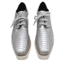 Pre Owned Stella McCartney Metallic Silver Faux Python Embossed Leather Elyse Platform Derby Size 36