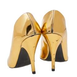 Pre Owned Stella McCartney Metallic Gold Faux Patent Leather V Neck Pointed Toe Pumps Size 36