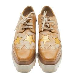 Pre Owned Stella McCartney Brown Faded Effect Faux Leather Elyse Star Platform Lace Up Derby Size 35.5