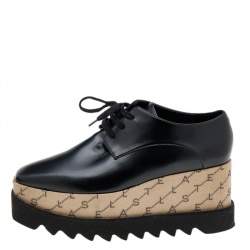 Pre Owned Stella McCartney Black/Beige Faux Leather Monogram Elyse Platform Derby Sneakers Size 38