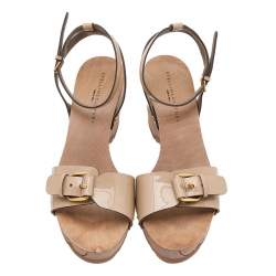 Stella McCartney Beige Faux Patent Leather Linda Wedge Sandals Size 40