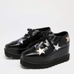 Pre Owned Stella McCartney Black Faux Leather Elyse Star Platform Lace Up Sneakers Size 37