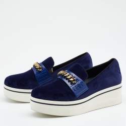 Pre Owned Stella McCartney Blue Velvet And Faux Leather Binx Chain Platform Loafers Size 38