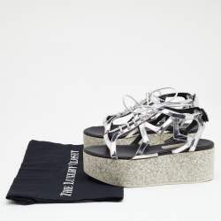 Stella McCartney Metallic Silver Cut Out Faux Leather Hackney Printed Wedge Platform Sandals Size 37