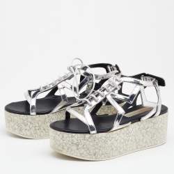 Stella McCartney Metallic Silver Cut Out Faux Leather Hackney Printed Wedge Platform Sandals Size 37