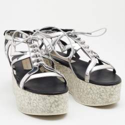 Stella McCartney Metallic Silver Cut Out Faux Leather Hackney Printed Wedge Platform Sandals Size 37