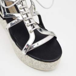 Stella McCartney Metallic Silver Cut Out Faux Leather Hackney Printed Wedge Platform Sandals Size 37