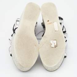 Stella McCartney Metallic Silver Cut Out Faux Leather Hackney Printed Wedge Platform Sandals Size 37