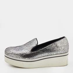 Stella McCartney Metallic Silver Faux Crinkled Leather Binx Platform Slip On Sneakers Size 38