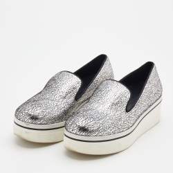 Stella McCartney Metallic Silver Faux Crinkled Leather Binx Platform Slip On Sneakers Size 38