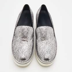 Stella McCartney Metallic Silver Faux Crinkled Leather Binx Platform Slip On Sneakers Size 38