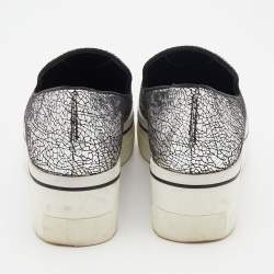 Stella McCartney Metallic Silver Faux Crinkled Leather Binx Platform Slip On Sneakers Size 38