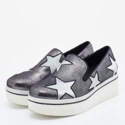 Pre Owned Stella McCartney Metallic Grey Faux Suede and Satin Binx Star Platform Slip On Sneakers Size 37