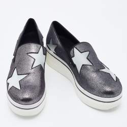 Pre Owned Stella McCartney Metallic Grey Faux Suede and Satin Binx Star Platform Slip On Sneakers Size 37