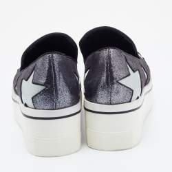 Pre Owned Stella McCartney Metallic Grey Faux Suede and Satin Binx Star Platform Slip On Sneakers Size 37